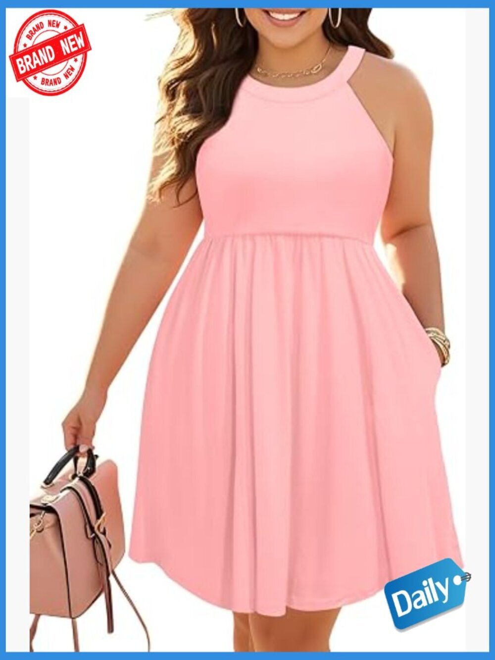 Plus Size Halter Neck Sleeveless Short Sundress with Pockets